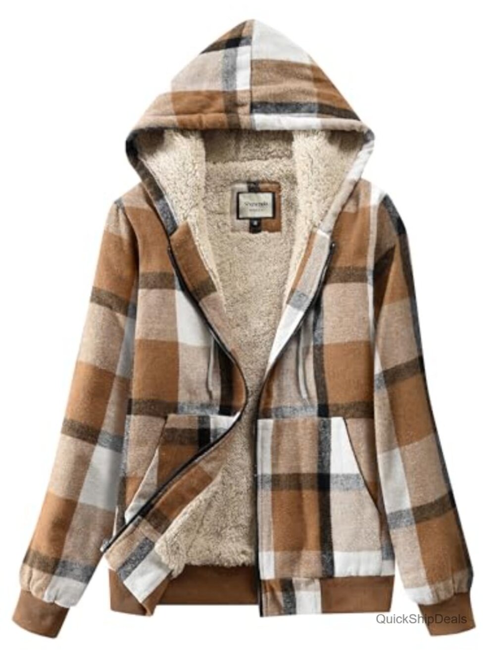 Women's Sherpa Lined Plaid Zip Up Casual Jacket with Hood
